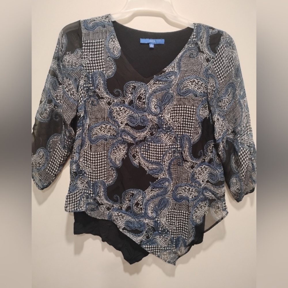 Apt. 9 Black and Blue Women's Asymmetrical Paisley Sheer Lined Blouse Size S